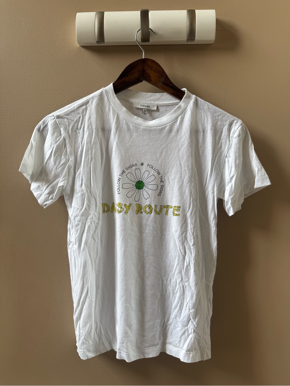Ganni White Tee with Green & Yellow Daisy Graphic